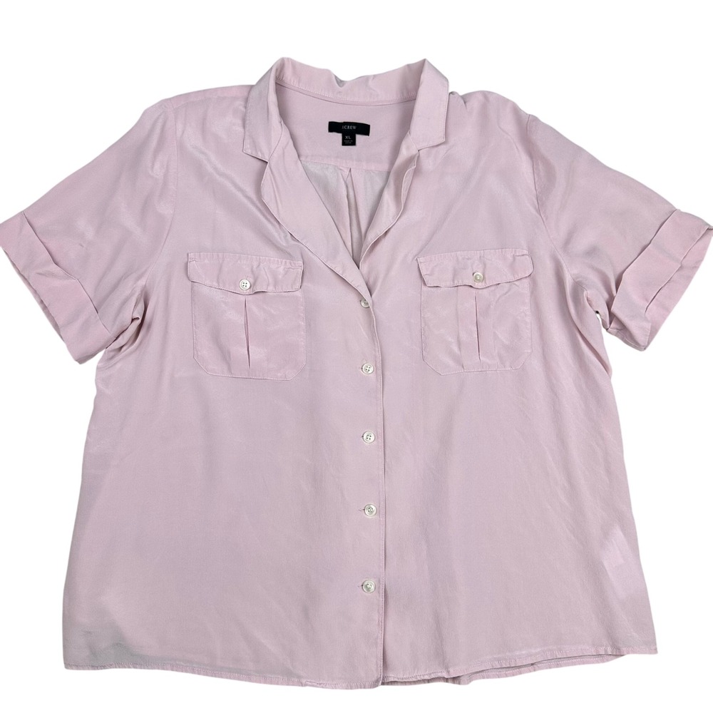 J.Crew Women XL Pink 100% Silk Short Sleeve Button Down Pocket Top Soft girl